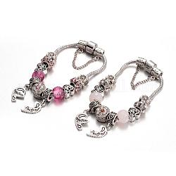 Bracelets en alliage avec perles européennes avec strass, avec des perles de verre et chaîne en laiton, couleur mixte, 180mm