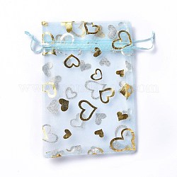 Pochettes à bijoux en organza avec cordon de serrage, sacs-cadeaux de fête de mariage, rectangle avec motif coeur estampé or, lumière bleu ciel, 15x10x0.11 cm