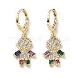 Real 18K Gold Plated Brass Dangle Leverback Earrings, with Cubic Zirconia and Glass, Boy, Colorful, 30.5x11mm