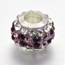 Polymer Clay Rhinestone Large Hole Rondelle European Beads, with Silver Color Brass Cores, Amethyst, 11x8mm, Hole: 5mm