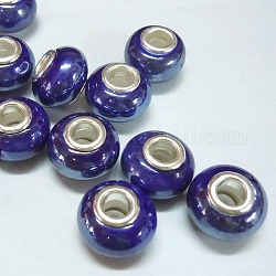 Handmade Porcelain European Beads, Large Hole Beads, with Nickel Color Brass Double Cores, Rondelle, Blue, 16x12mm, Hole: 5mm