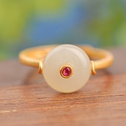 Adjustable 925 Sterling Silver Finger Rings, with Natural Hetian White Jade and Rhinestone, Flat Round, Golden, Fuchsia
