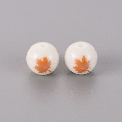 Electroplate Glass Beads, Round, Maple Leaf Pattern, Rose Gold Plated, 10mm, Hole: 1.2mm