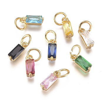 Brass Micro Pave Cubic Zirconia Charms, Birthstone Charms, Long-Lasting Plated, with Jump Ring, Real 18K Gold Plated, Rectangle, Mixed Color, 10x3x3mm, Hole: 3mm