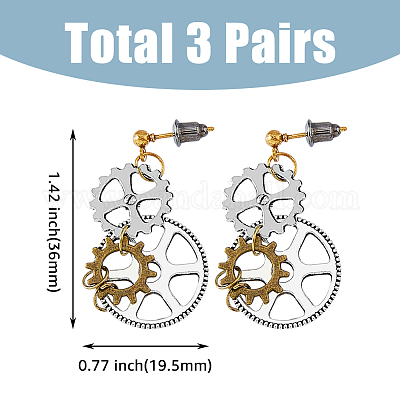 3 комплект из 3-х асимметричных серег с зубчатым колесом из сплава EJEW-FI0001-93-1