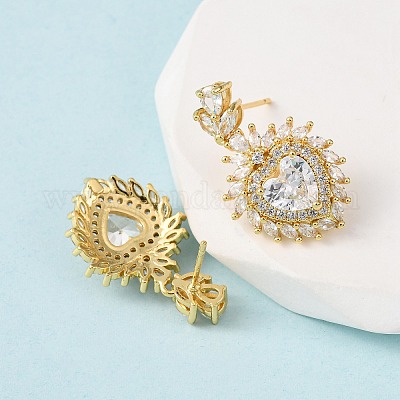 Серьги-гвоздики в форме сердца из латуни с микропаве из прозрачных кубических цирконий EJEW-D346-08G-1