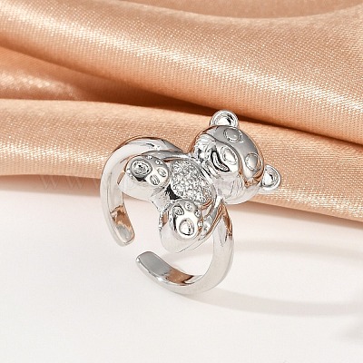 Открытые кольца-манжеты с медведем из латуни с микропаве из прозрачных кубических цирконий для женщин RJEW-G343-04P-1