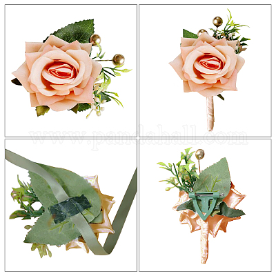 2pcs Rose Wrist Corsage and Boutonniere Set Artificial Corsage Wristlet  Band Bracelet for Wedding Flowers Ceremony Accessories Prom Suit  Decorations (Champagne) 