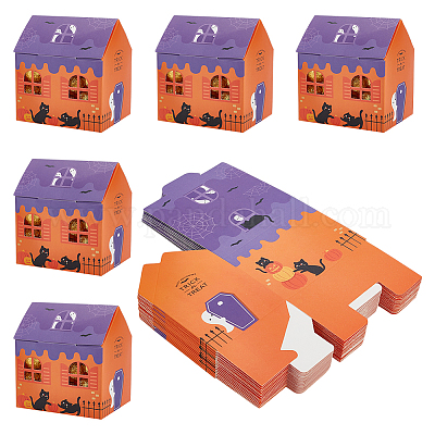 ハロウィーンテーマの紙箱  梱包用段ボール箱  猫の模様の家  オレンジ  8.5x11x12cm&nbsp;CON-WH0088-96-1