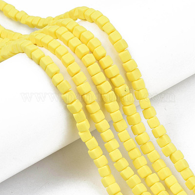 Handmade Polymer Clay Beads Strands, Cube, Yellow, 4x4x4mm, Hole