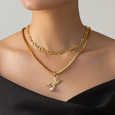 Винтажное ожерелье-змейка из нержавеющей стали 201 и латуни с двухслойным кулоном в виде птицы из прозрачного кубического циркония IF6891-1