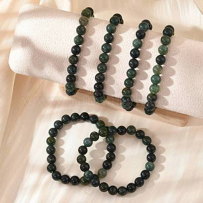 Натуральный мох агат бисер стрейч браслеты BJEW-F380-01-B15-1