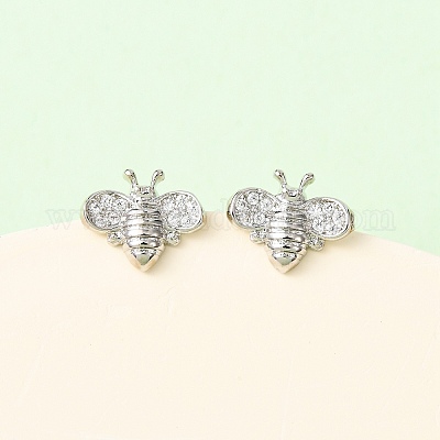 Серьги-гвоздики в виде пчел из латуни с микропаве из прозрачных кубических цирконий EJEW-L278-10P-1