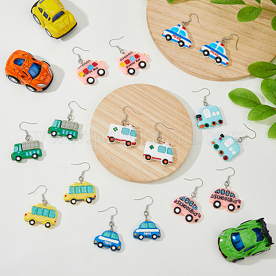8 пара 8-х видов серег с подвесками из смолы в форме автомобиля с железными булавками EJEW-AB00044-1