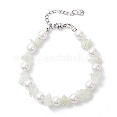 Браслеты из натуральных круглых бусин с нефритовой крошкой и стеклянными ракушками BJEW-JB12317-02-1