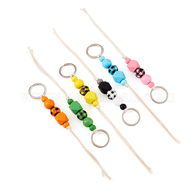 6шт брелок из 6-х цветного дерева схима и хлопкового шнура KEYC-KS0001-03-1