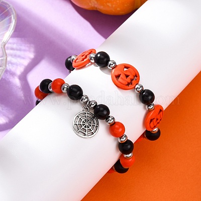 2 шт. эластичные браслеты из стеклянных и синтетических бирюзовых бусин BJEW-JB12483-03-1