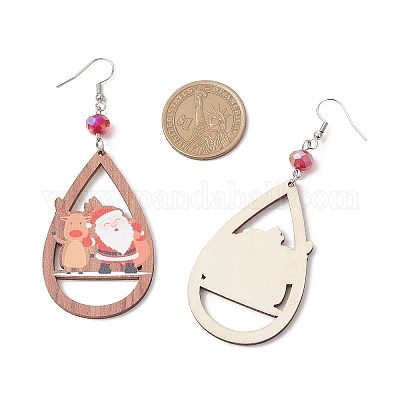 Рождественские деревянные серьги-подвески с принтом EJEW-JE06518-1