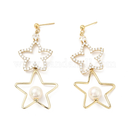 Aretes colgantes con estrellas de circonita cúbica transparente y perla acrílica EJEW-G297-06G-1
