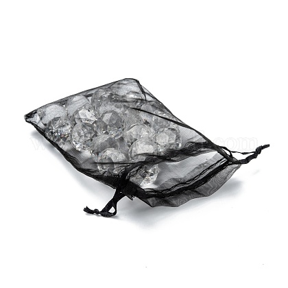 長方形オーガンジーギフトバッグ巾着袋  巾着付き  ジュエリーキャンディークッキー包装ポーチ用  ブラック  15x10x0.15cm OP-XCP0001-06-1