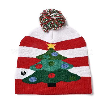 LED ライトアップ クリスマス アクリル繊維糸カフス ビーニー キャップ  女性のための冬の暖かいニット帽子  内蔵バッテリーとスイッチ付き  クリスマスツリー  285x240x13.5mm  内径：145mm AJEW-F063-04-1