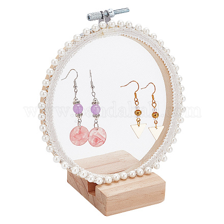 Retro Round Wooden Lace Fabric Earring Display Stands EDIS-WH0029-82-1