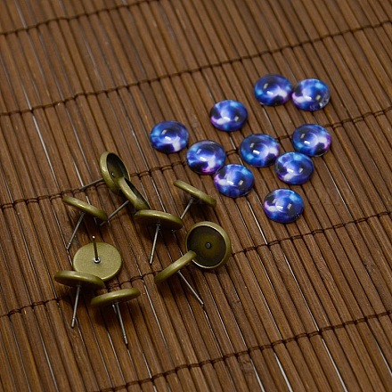 10x4 mm brillanten Sternenhimmel Glas Cabochons und antike Bronzemessingteile für Bolzenohrringherstellung DIY-X0173-04AB-NR-1
