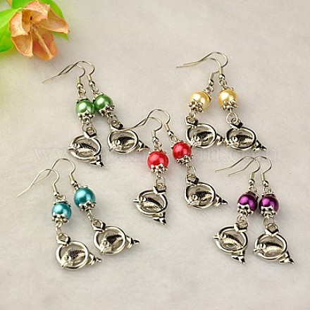 Stylish Glass Pearl Fish Dangle Earrings EJEW-JE00515-1