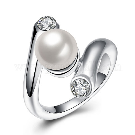 模造パールの指輪  チェコラインストーン付きスズ合金  ラウンド  プラチナ  usサイズ8（18.1mm） RJEW-BB17609-8-1