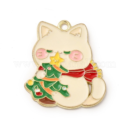 クリスマステーマ合金エナメルペンダント  ライトゴールド  猫のチャーム  クリスマスツリー模様  29x25.5x1.5mm  穴：2.1mm ENAM-A142-01D-1