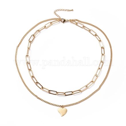 Vacuum Plating 304 Stainless Steel Double Chains Multi Layered Necklace with Heart Charms for Women STAS-E155-06G-1