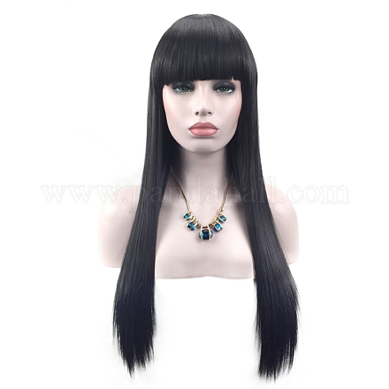 女性用前髪付きストレートウィッグ  高温耐熱繊維のかつら  全頭髪交換ウィッグ  ブラック  27.5インチ（70cm） OHAR-G008-02-1