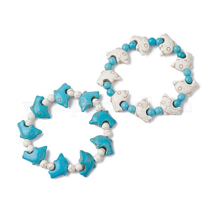 Set di braccialetti elasticizzati con perline di delfino sintetico 2 pz 2 stili turchese e howlite BJEW-JB09829-1