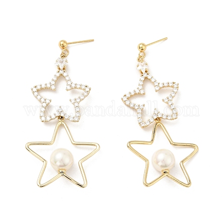 Boucles d'oreilles pendantes étoiles en zircon cubique transparent avec perle acrylique EJEW-G297-06G-1