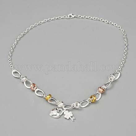 Популярные серебряные покрынные цветом латунные ожерелья ключа и замка bib для женщин NJEW-BB12848-1