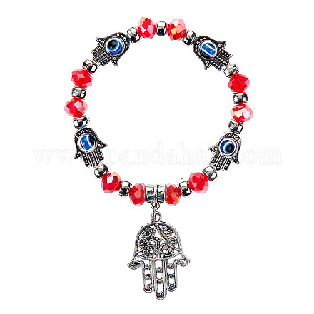 Bracelet extensible en perles de verre et mauvais œil au chalumeau avec breloque en alliage de main hamsa pour femme RELI-PW0001-036B-1