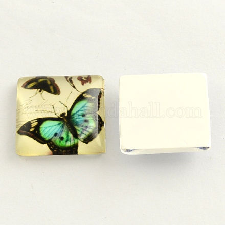 Cabochon quadrati con retro piatto in vetro con tema biologico naturale e vivace motivo a farfalla GGLA-S022-10mm-30T-1