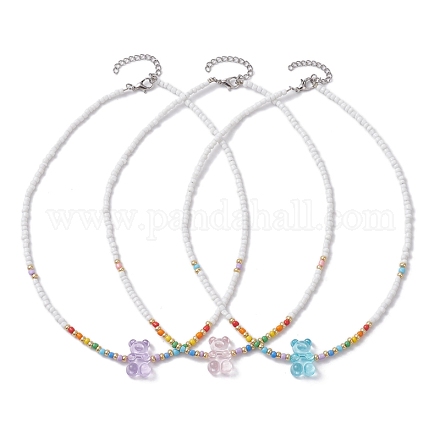3 collier de perles en acrylique en forme d'ours. NJEW-JN04632-1