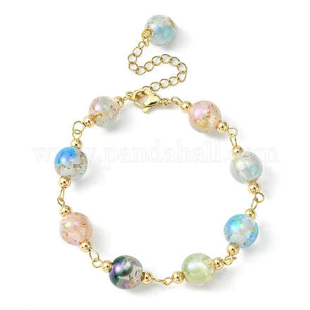 Resin with Gold Foil Round Beaded Chain Bracelet BJEW-JB09474-02-1