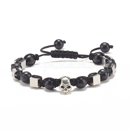 Round Synthetic Turquoise(Dyed) Braided Bead Bracelet with Alloy Skull BJEW-JB07865-02-1