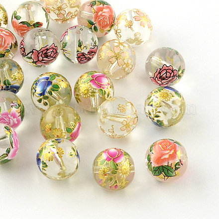 Perles rondes imprimées de motif de fleur rose en verre GFB-R004-12mm-U-1