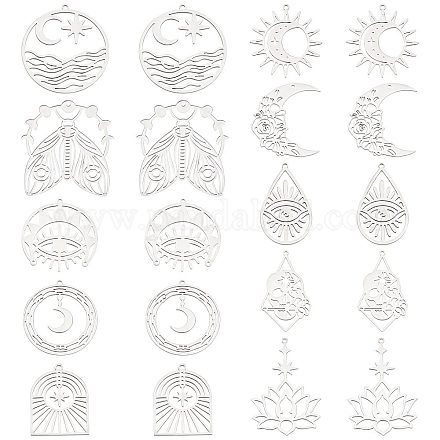SUNNYCLUE 1 Box 20Pcs 10 Styles Stainless Steel Charms Tarot Style Sun Moon Charm Butterfly Moth Gothic Moon Rose Skull Double Sided Hollow Lotus Chakra Charms for jewellery Making Charm DIY Crafts STAS-SC0004-38-1
