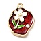 Alloy Enamel Pendants, with ABS Imitation Pearl, Oval with Flower, Rack Plating, Long-Lasting Plated, Lead Free & Cadmium Free & Nickel Free, Golden, Dark Red, 25x19.5x4mm, Hole: 1.8mm