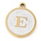 Ion Plating(IP) 201 Stainless Steel Pendants, with White Enamel, Real 18K Gold Plated, Flat Round with Letter, Letter E, 18.5x15.5x2mm, Hole: 1.6mm