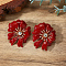 Iron Flower Stud Earrings, Golden, with Rhinestone, Red, 42x37mm