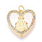 Brass Micro Pave Clear Cubic Zirconia Pendants, with Shell, Heart with Jesus Maria Catholic, with Jump Ring, Real 18K Gold Plated, 18.5x18x3mm, Hole: 3mm