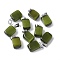 Cat Eye Pendants, with 201 Stainless Steel Findings, Rectangle, Stainless Steel Color, Dark Olive Green, 20x12x9mm, Hole: 7x4mm