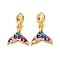 Brass Purple Enamel Mermaid Tail European Dangle Charms, with Clear Cubic Zirconia, Large Hole Pendants, Rack Plating, Long-Lasting Plated, Cadmium Free & Lead Free, Golden, 20mm, Hole: 4mm