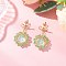 Flower Glass Dangle Stud Earrings, with Cylinder Seed Beads and Glass Seed Beads, Golden, Sea Green, 38x24mm