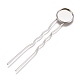Iron Hair Fork Findings, with Flat Round Brass Cabochon Settings, Platinum, Tray: 14mm, 79x16x3mm